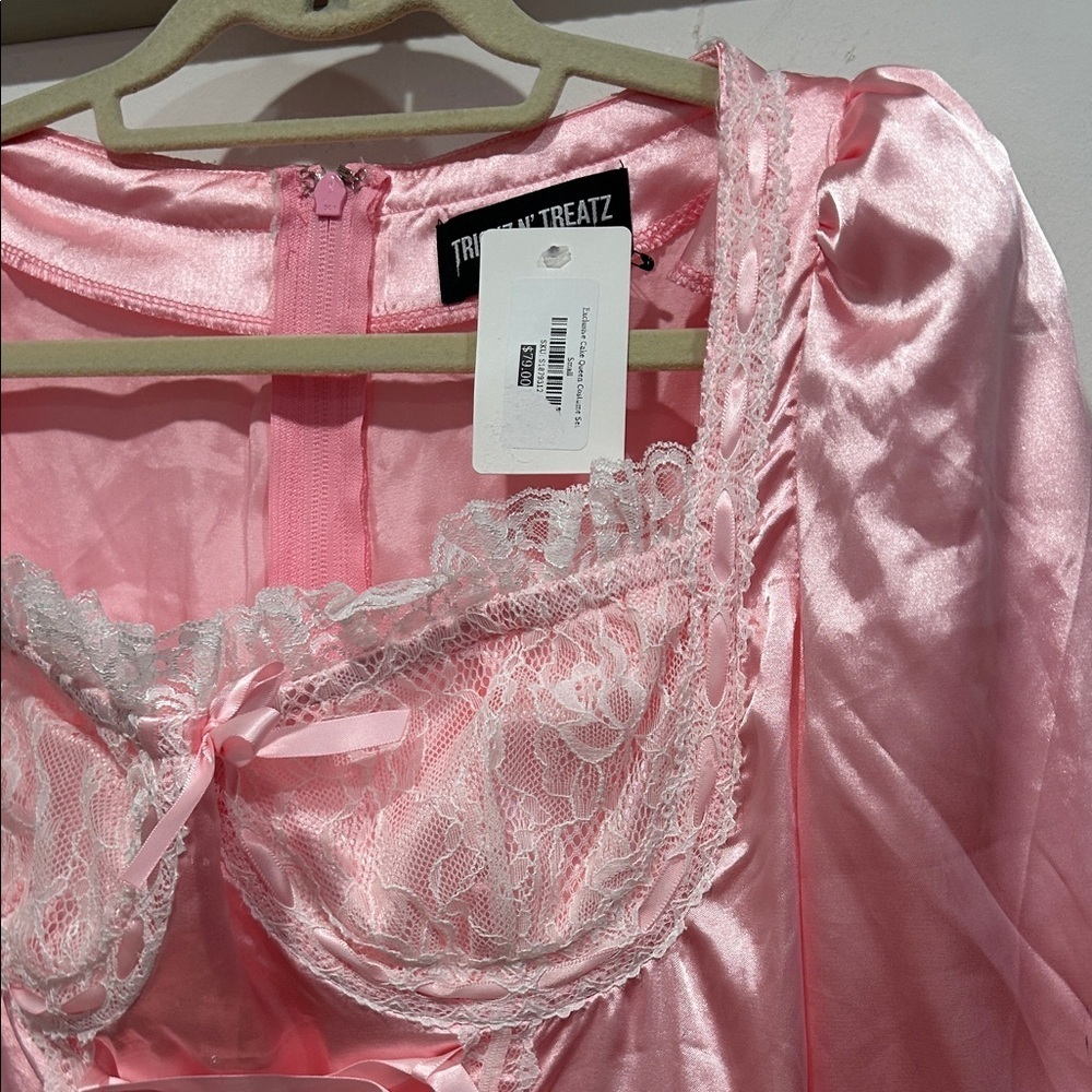 Dolls Kill Pink Satin white Lace French queen Mini Dress small women’s - Picture 2 of 7